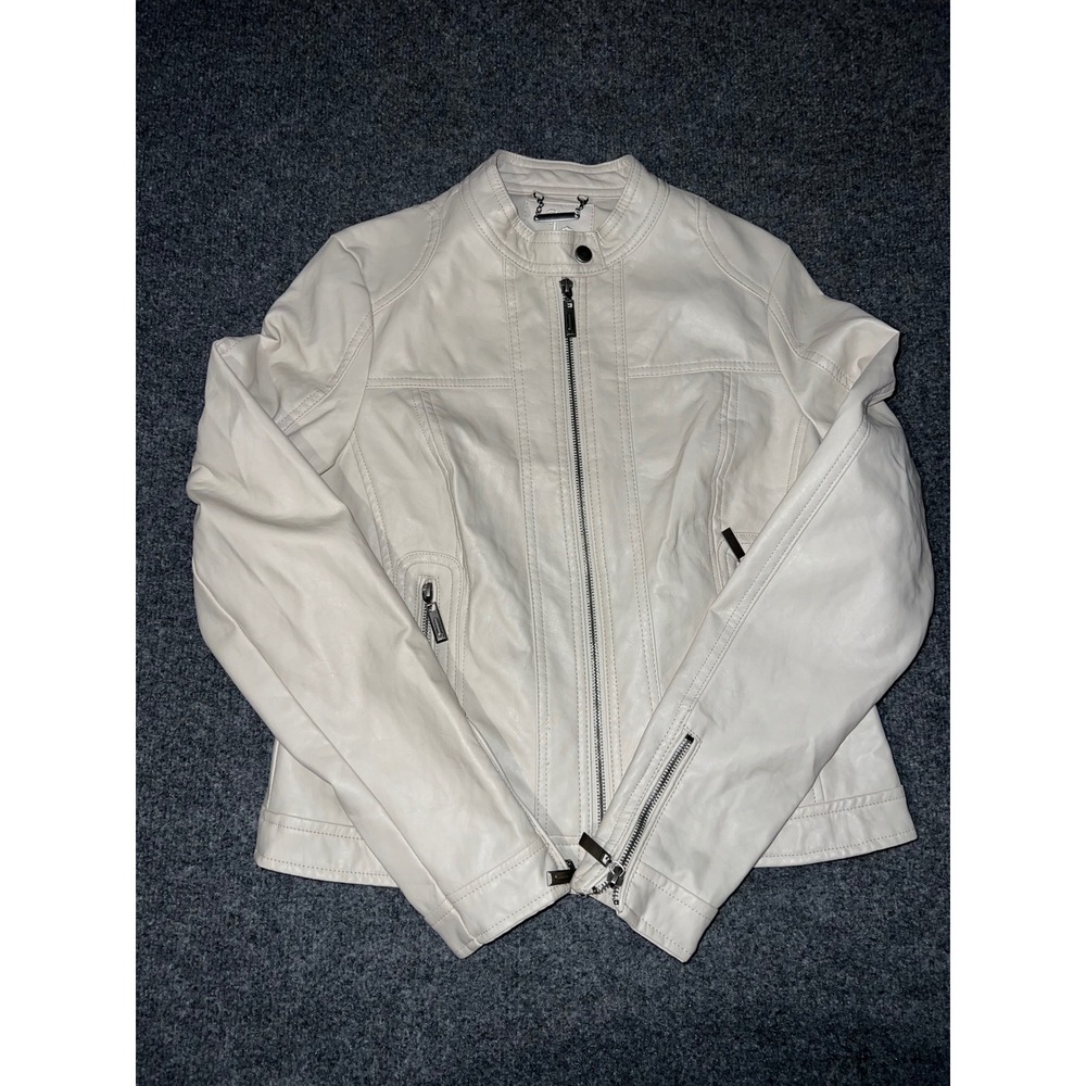 J2 Womens Faux Leather Biker Jacket Cream White Y2K Retro Moto Size L